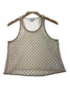 Womens All-Over Embellishment Racerback Sheer Mesh Tank Top Small
